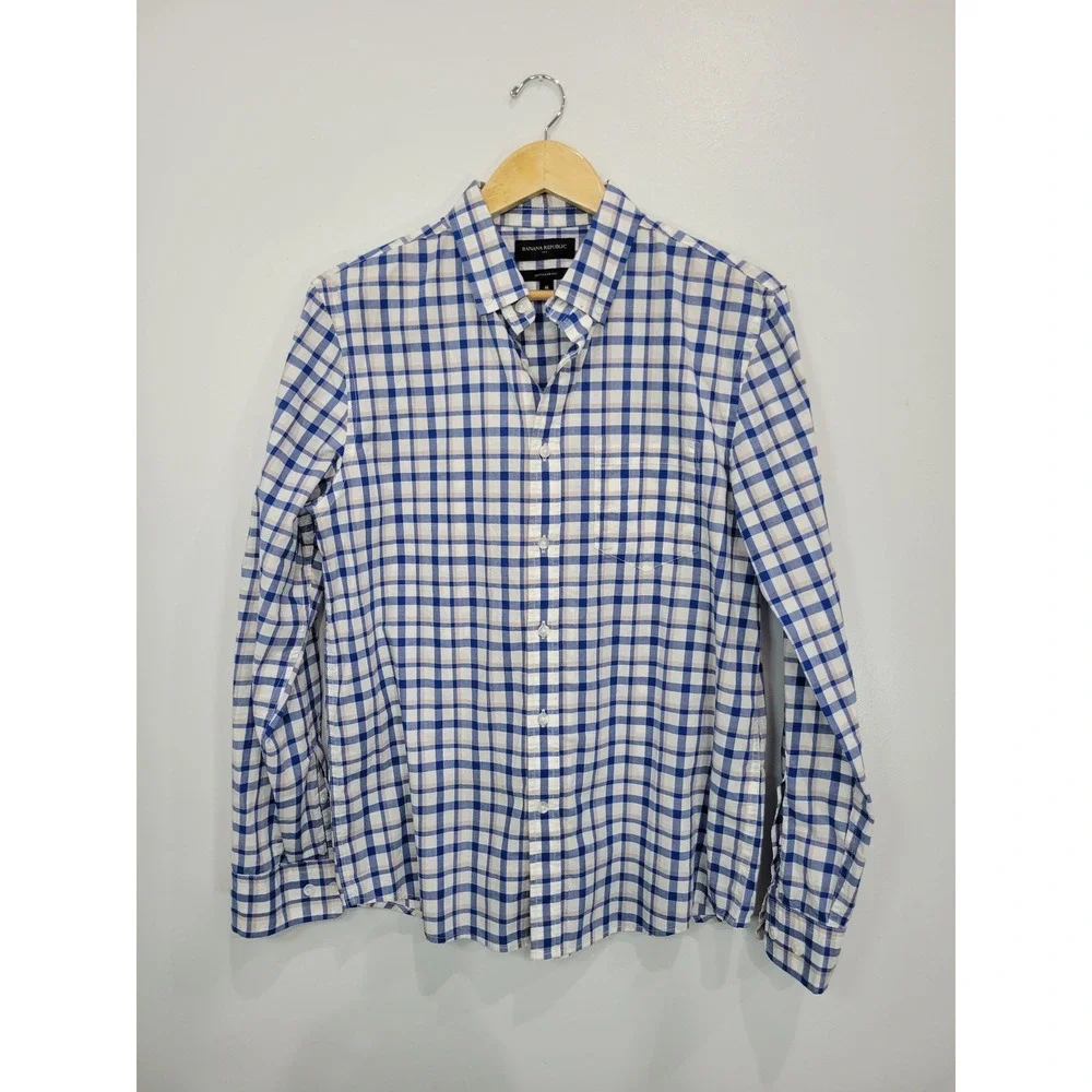 Banana Republic Mens Untucked Fit Blue White Plaid Button Down‎ Shirt Size M